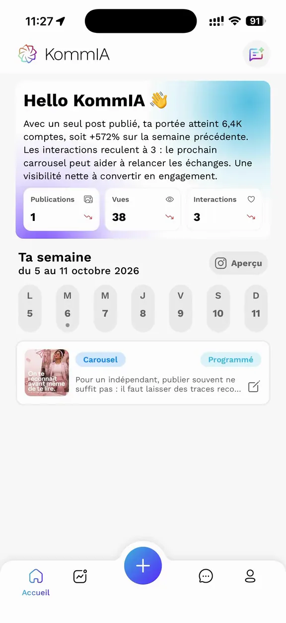 Le calendrier de KommIA : la semaine avec son carrousel publié, puis la semaine suivante et son carrousel programmé