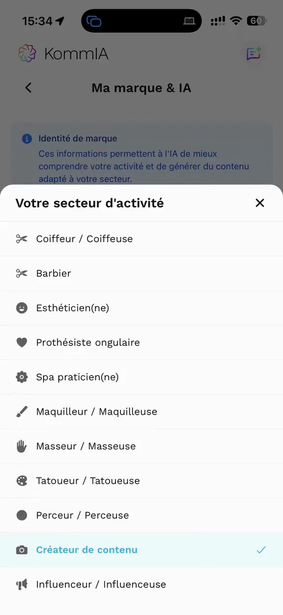 La fiche « Ma marque & IA » de KommIA : la liste des métiers, de coiffeur à créateur de contenu