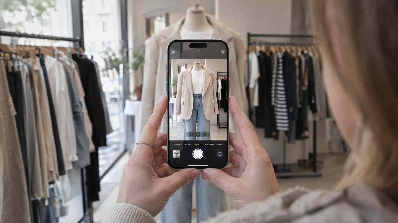 Une gérante de boutique photographie une tenue sur un mannequin
