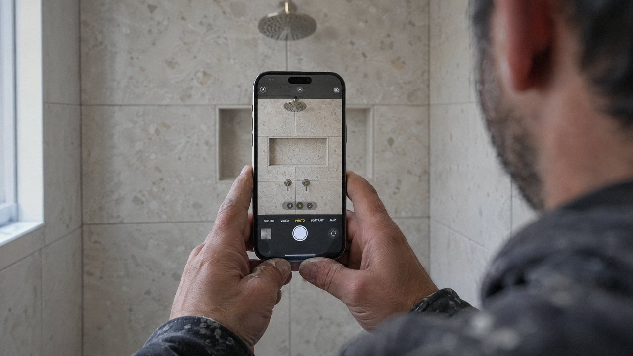 Un carreleur photographie le mur qu'il vient de carreler