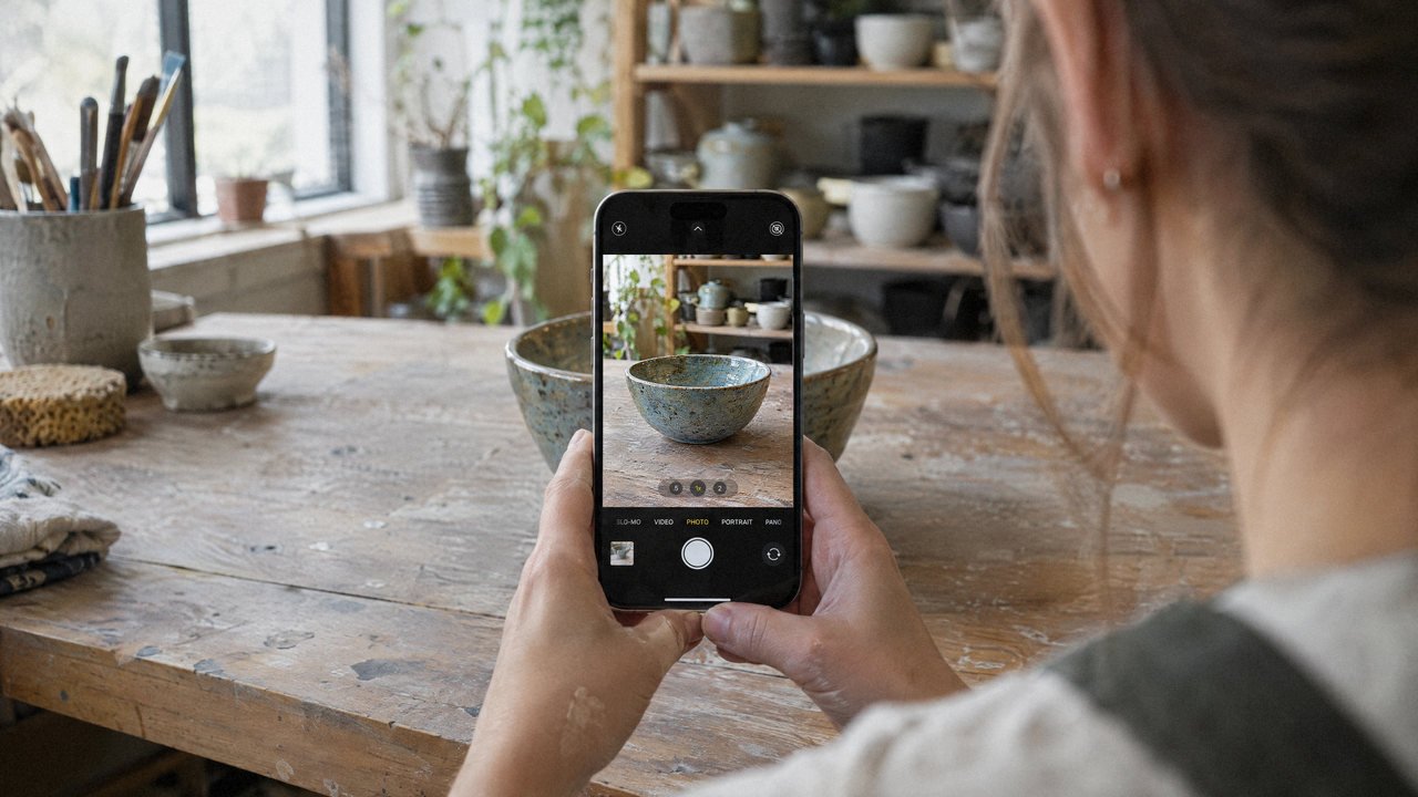 Une céramiste photographie un bol émaillé dans son atelier