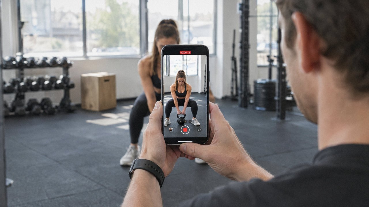 Un coach filme sa cliente pendant un exercice