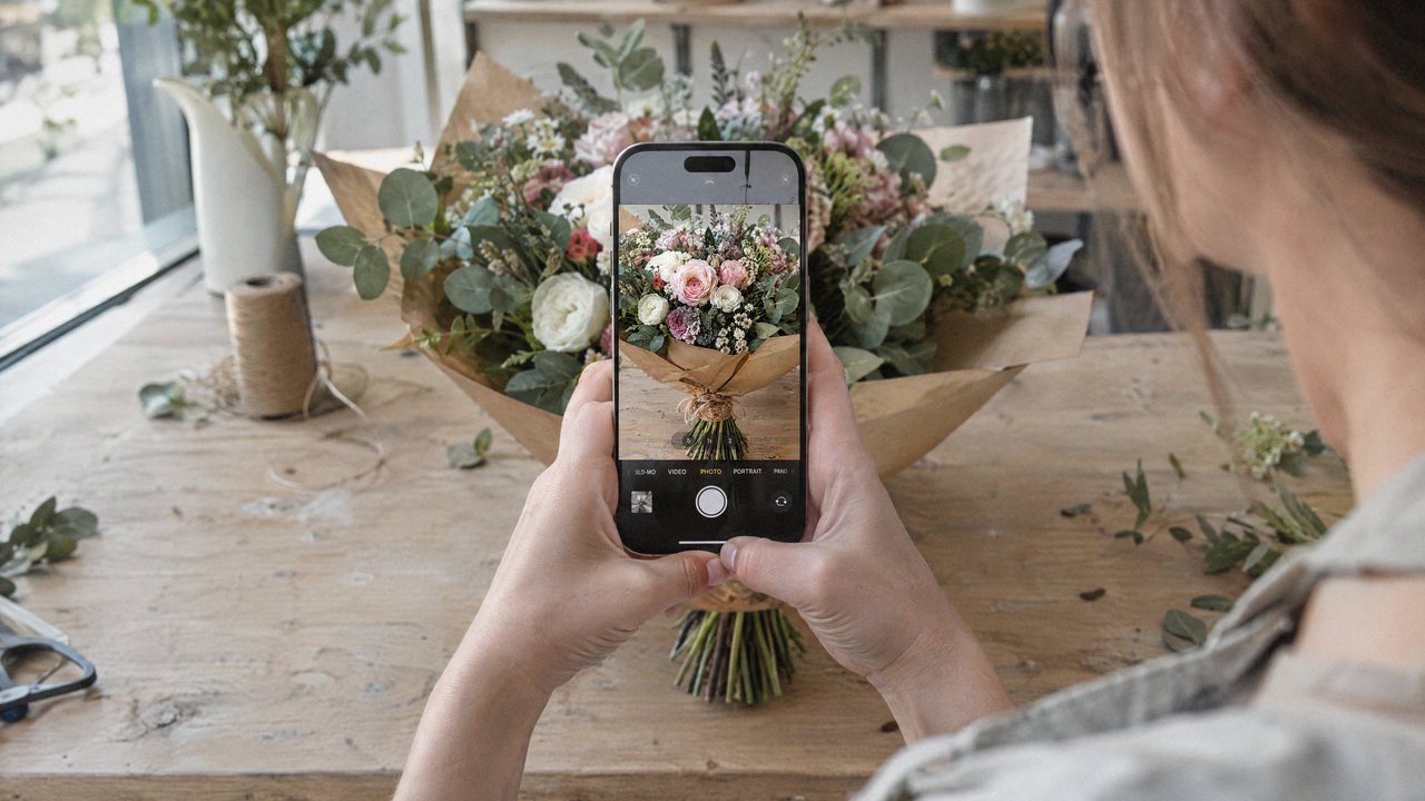 Une fleuriste photographie le bouquet qu'elle vient de composer