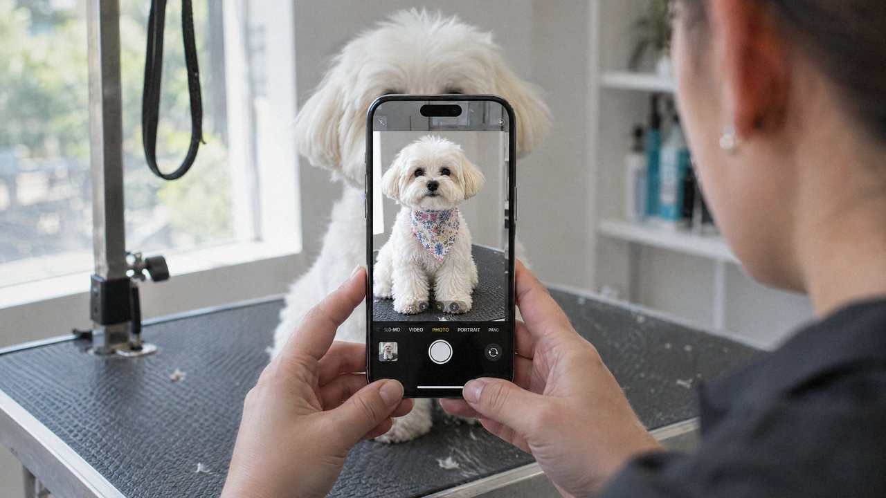 Une toiletteuse photographie le petit chien qu'elle vient de toiletter