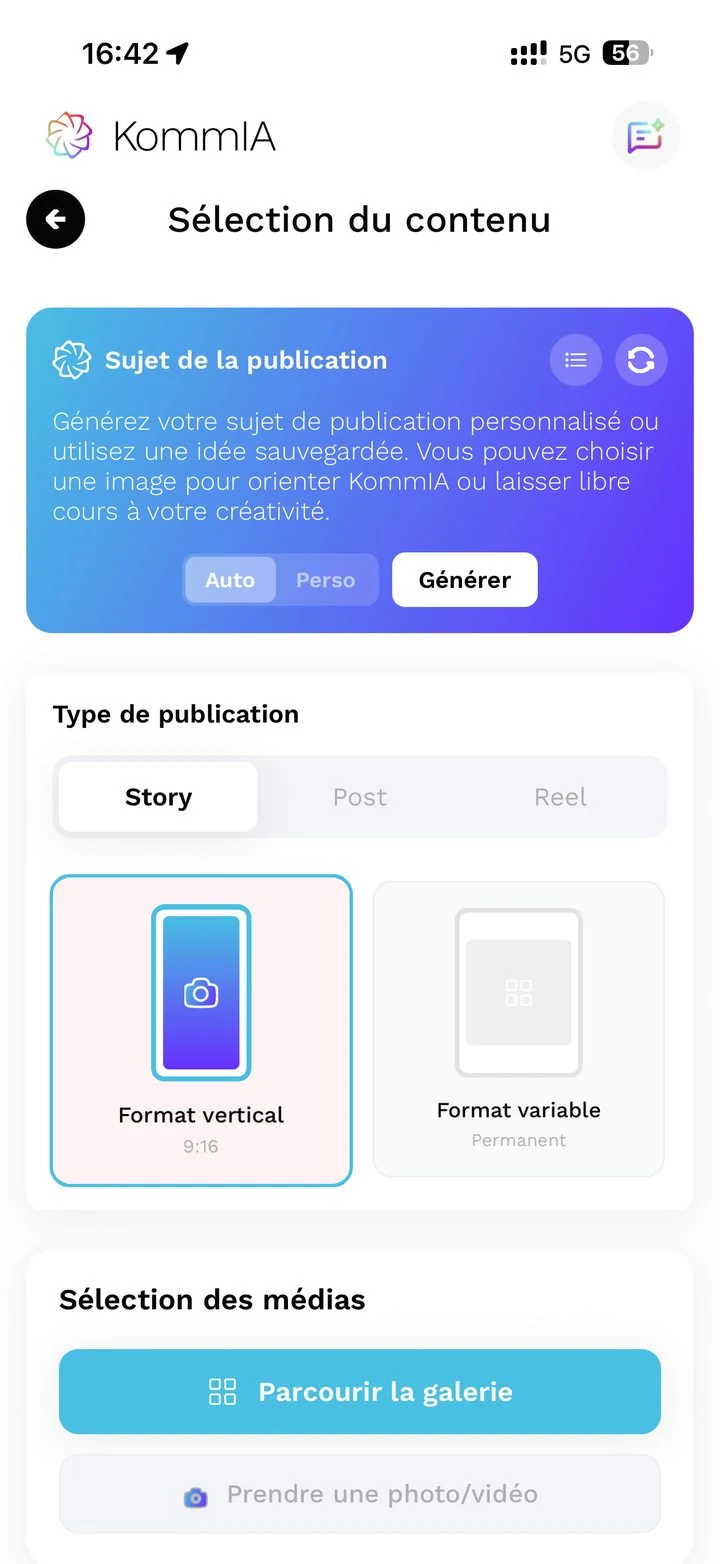 L'écran de création de KommIA : le sujet de la publication, le type (story, post ou reel), le format et le choix des photos