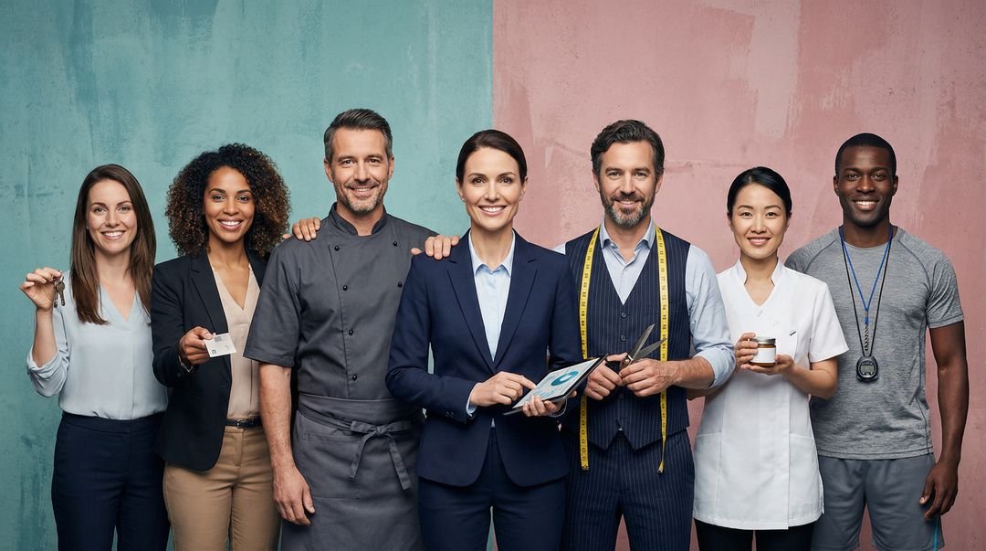 Eight professionals representing the variety of industries using KommIA: chef, esthetician, coach, hotelier, barber, and more