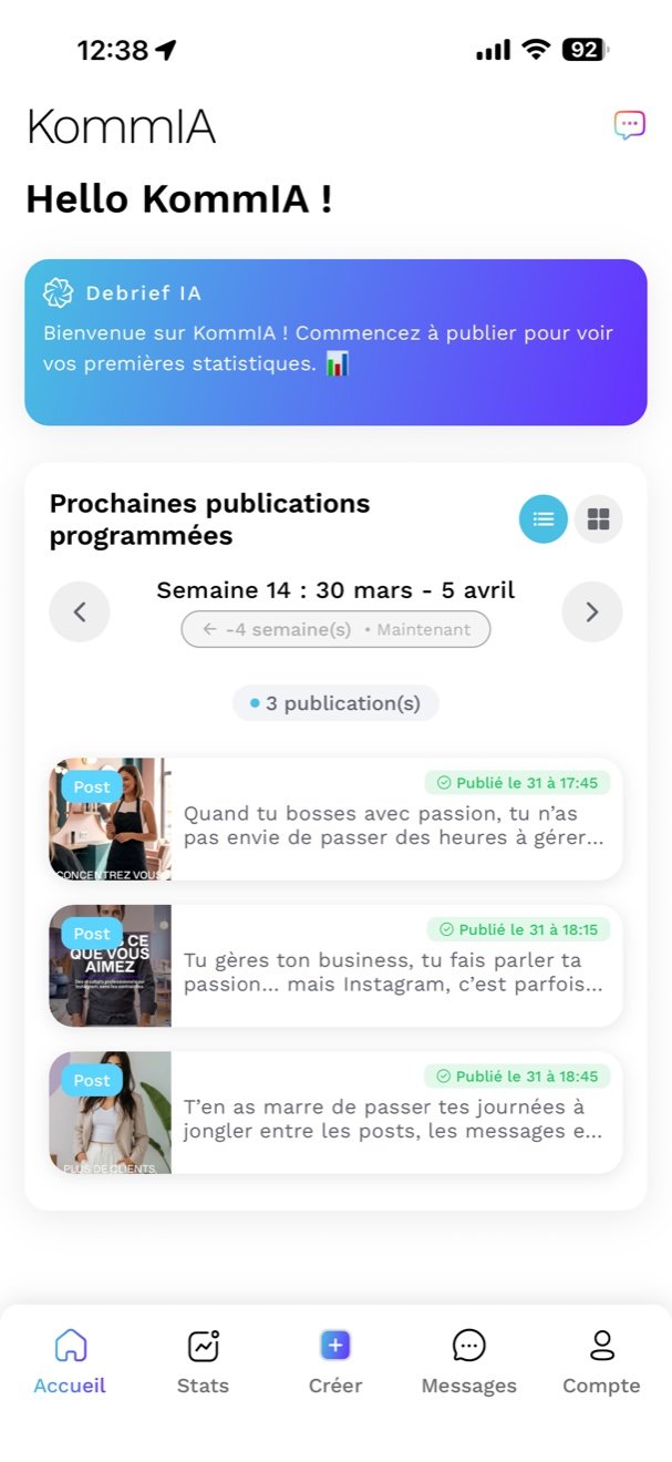 KommIA app screenshot — AI debrief and Instagram publication schedule