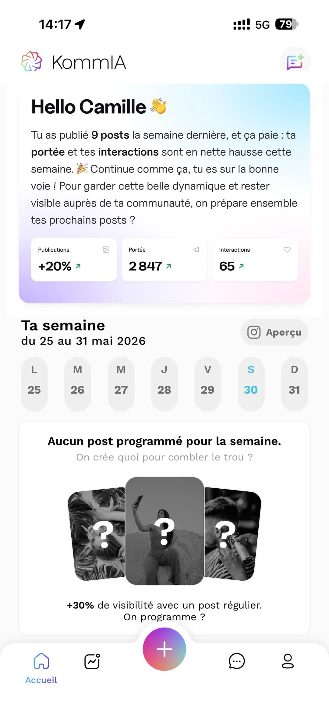 L'accueil de l'application KommIA : le bilan de la semaine et le calendrier des publications