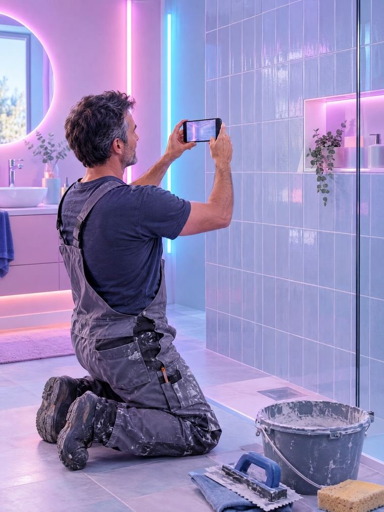 Un carreleur photographie le mur qu'il vient de carreler