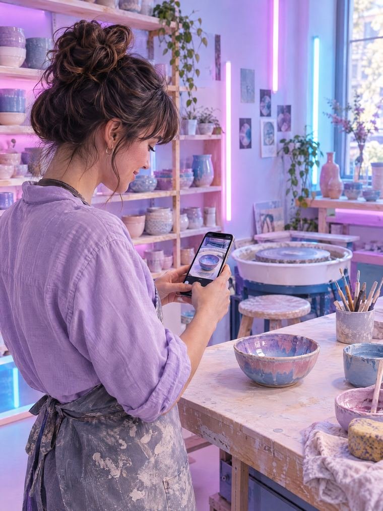 Une céramiste photographie un bol émaillé dans son atelier