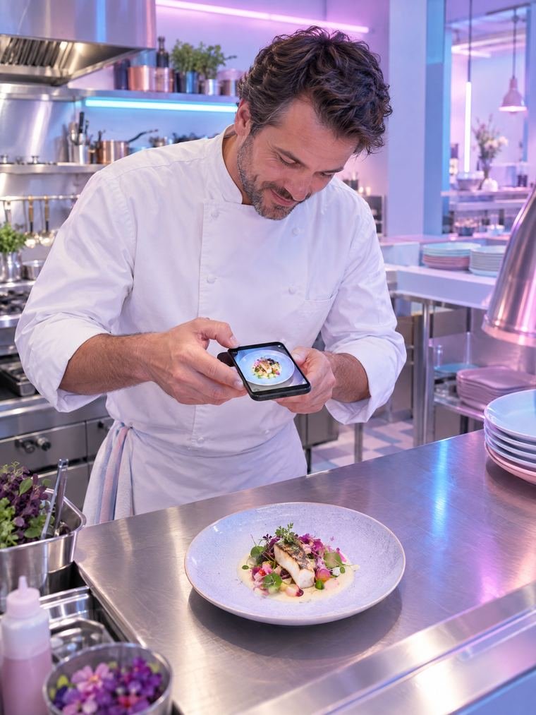 Un chef photographie l'assiette qu'il vient de dresser