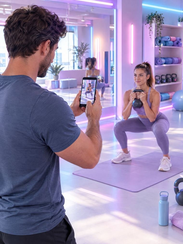 Un coach filme sa cliente pendant un exercice