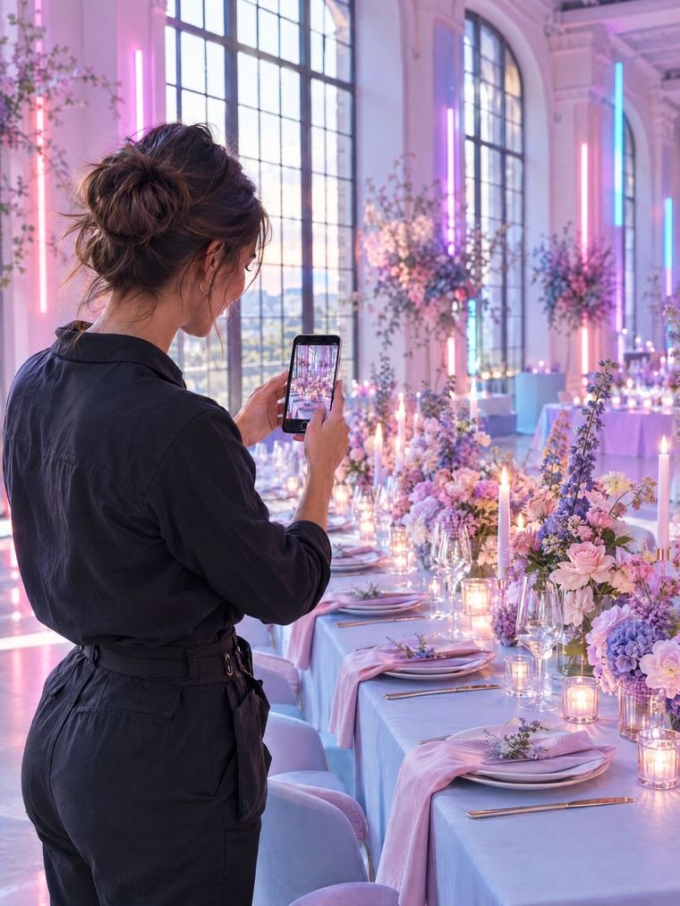 Une décoratrice photographie la table de mariage qu'elle vient de dresser