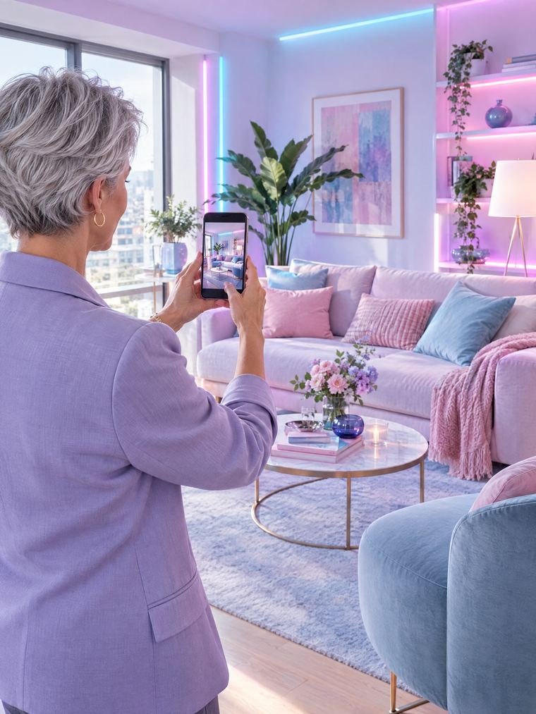 Une décoratrice photographie le salon qu'elle vient de mettre en scène