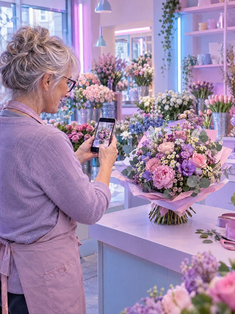 Une fleuriste photographie le bouquet qu'elle vient de composer