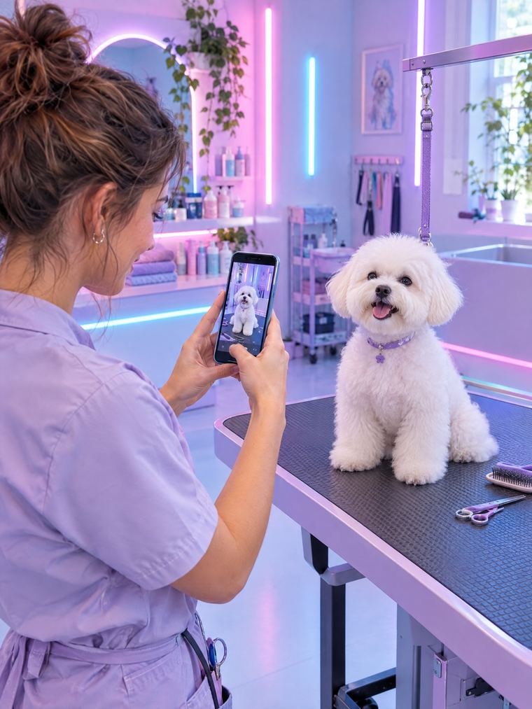Une toiletteuse photographie le petit chien qu'elle vient de toiletter